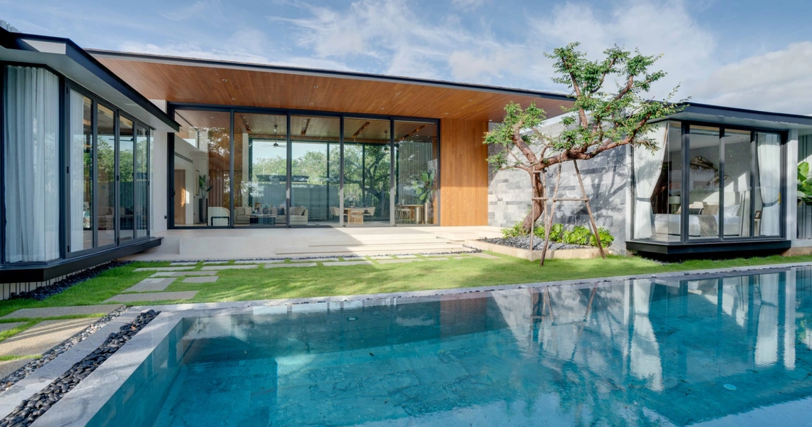 Botanica Montazure luxury villas Phuket - living room view from a pool