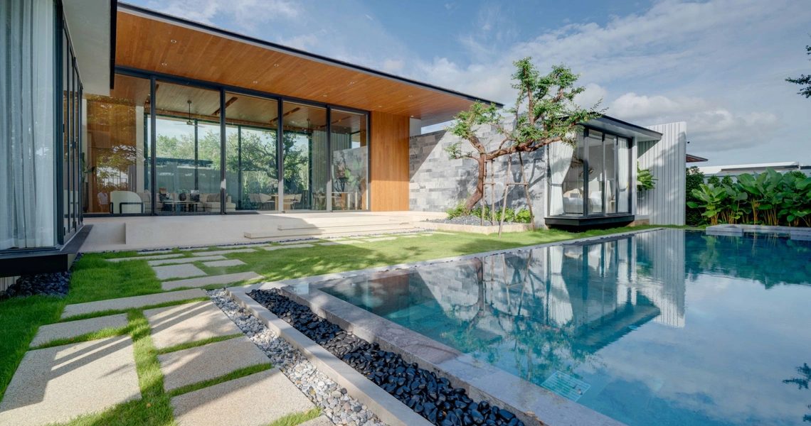 Botanica Montazure luxury villas Phuket - view onto the villa from the garden