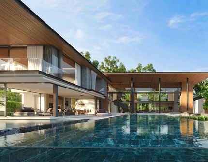 Botanica Montazure luxury villas Phuket - pool and villa view at sunset