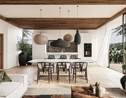 Chandra Samui designer villas - living room and kitchen view