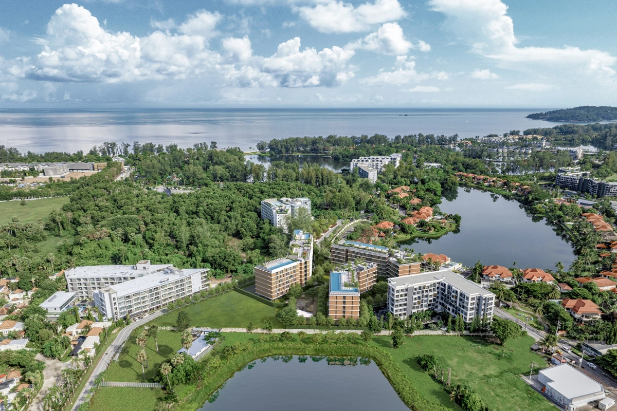 Laguna Aster Phuket luxury condo - aerial view of condo, lakes and sea