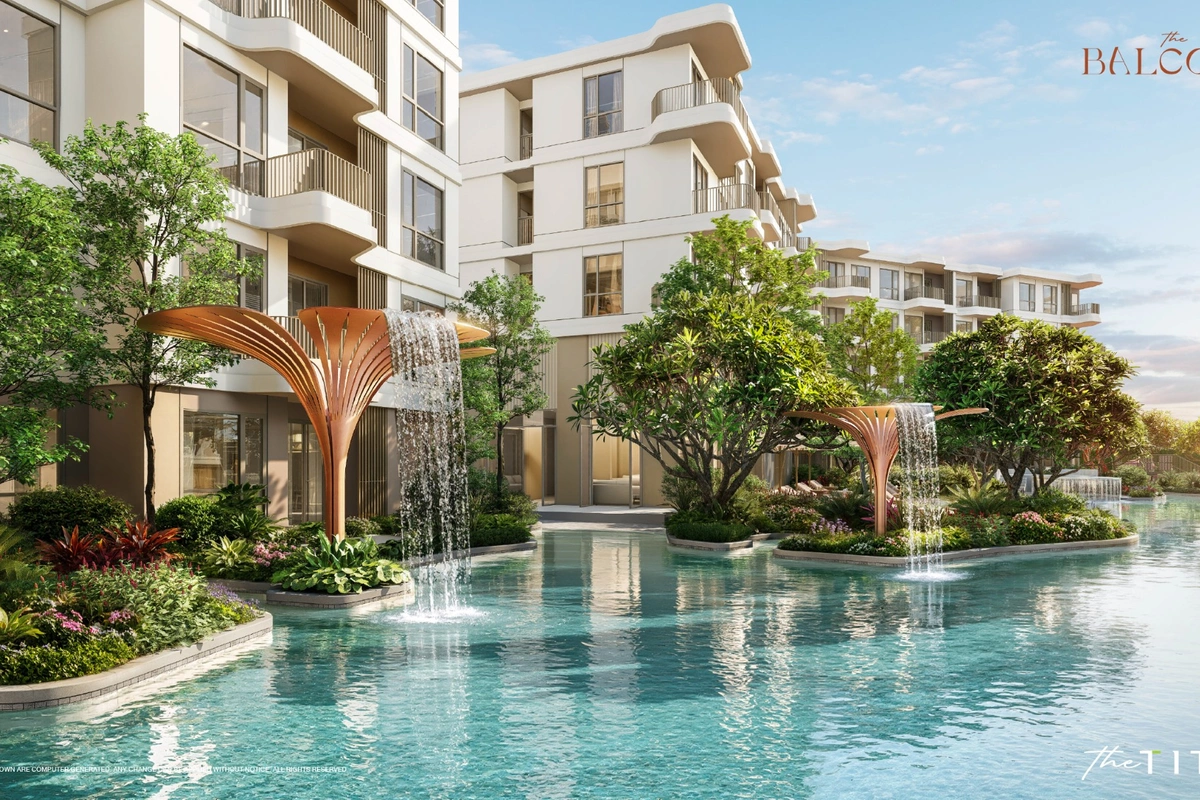 The Balcony beachfront condo Phuket - pool, fountains and greenery