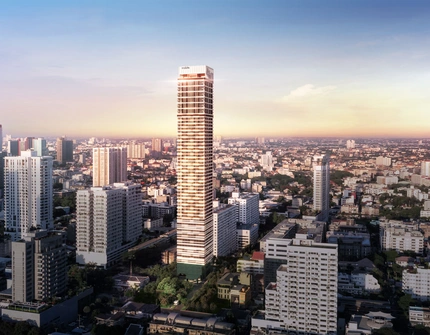 Noble Form Thonglor luxury high-rise - exterior sunset view