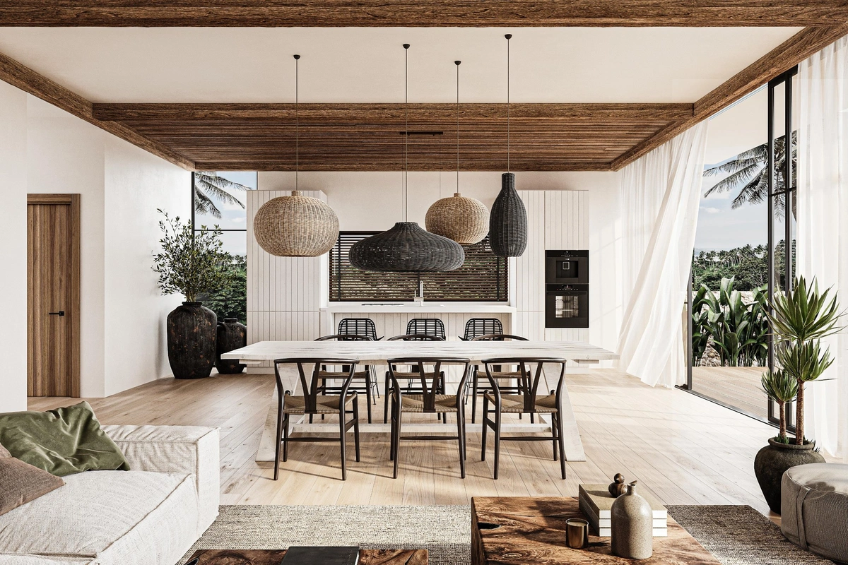 Chandra Samui designer villas - living room and kitchen view
