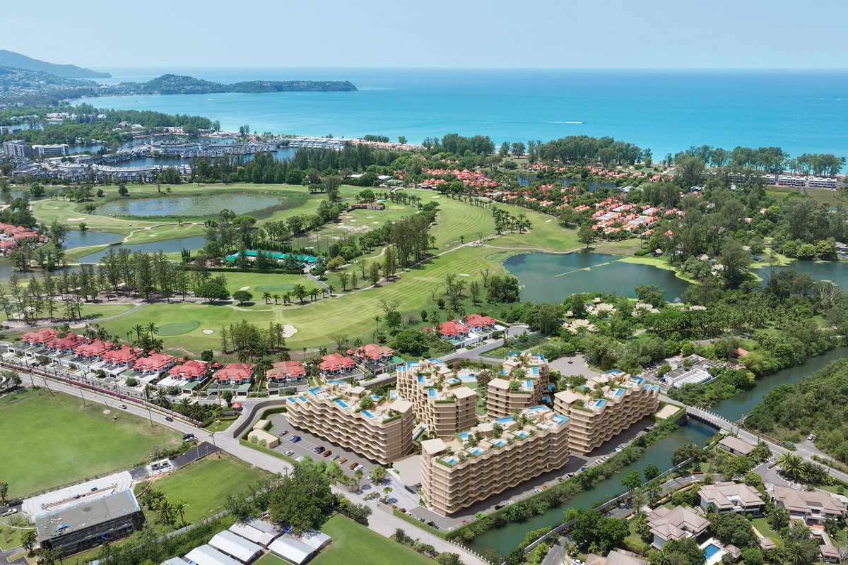 Laguna Golf Residences Hibiscus - aerial view on condo, golf and sea