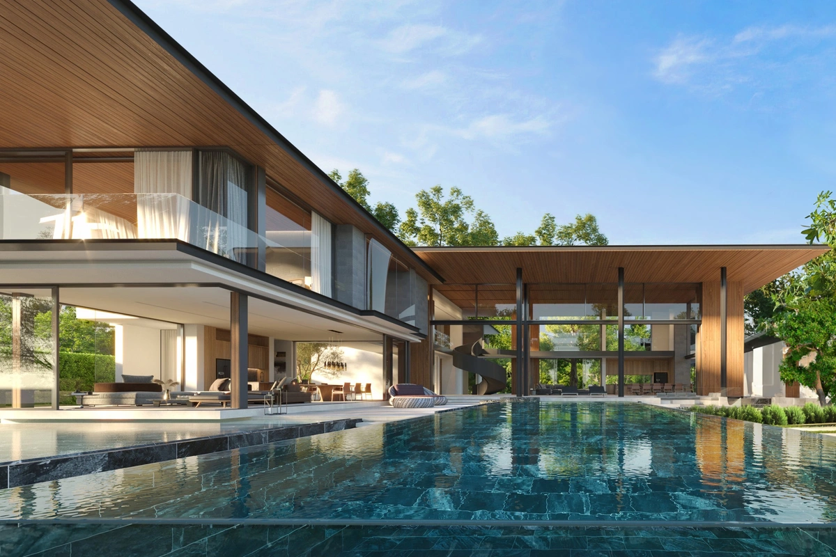 Botanica Montazure luxury villas Phuket - pool and villa view at sunset