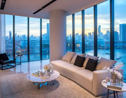 Banyan Tree Riverside Residences Bangkok living room at dawn