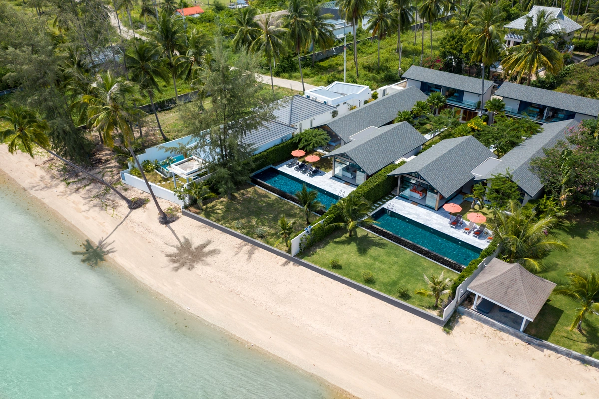 Luxury villas on Samui 5 Bedroom Beachfront Villas in Baan Talay drone view