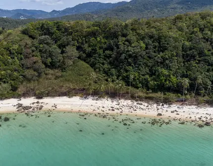 Land Plot on Samui Unique 27 Rai oceanfront land drone view